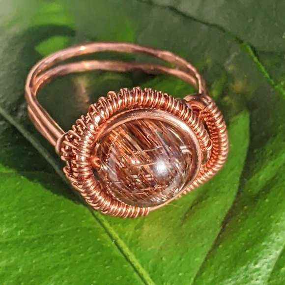 Copper Statement Ring Artisan Crafted With Rare Rutilated Quartz Crystal Bead - Picture 2 of 16